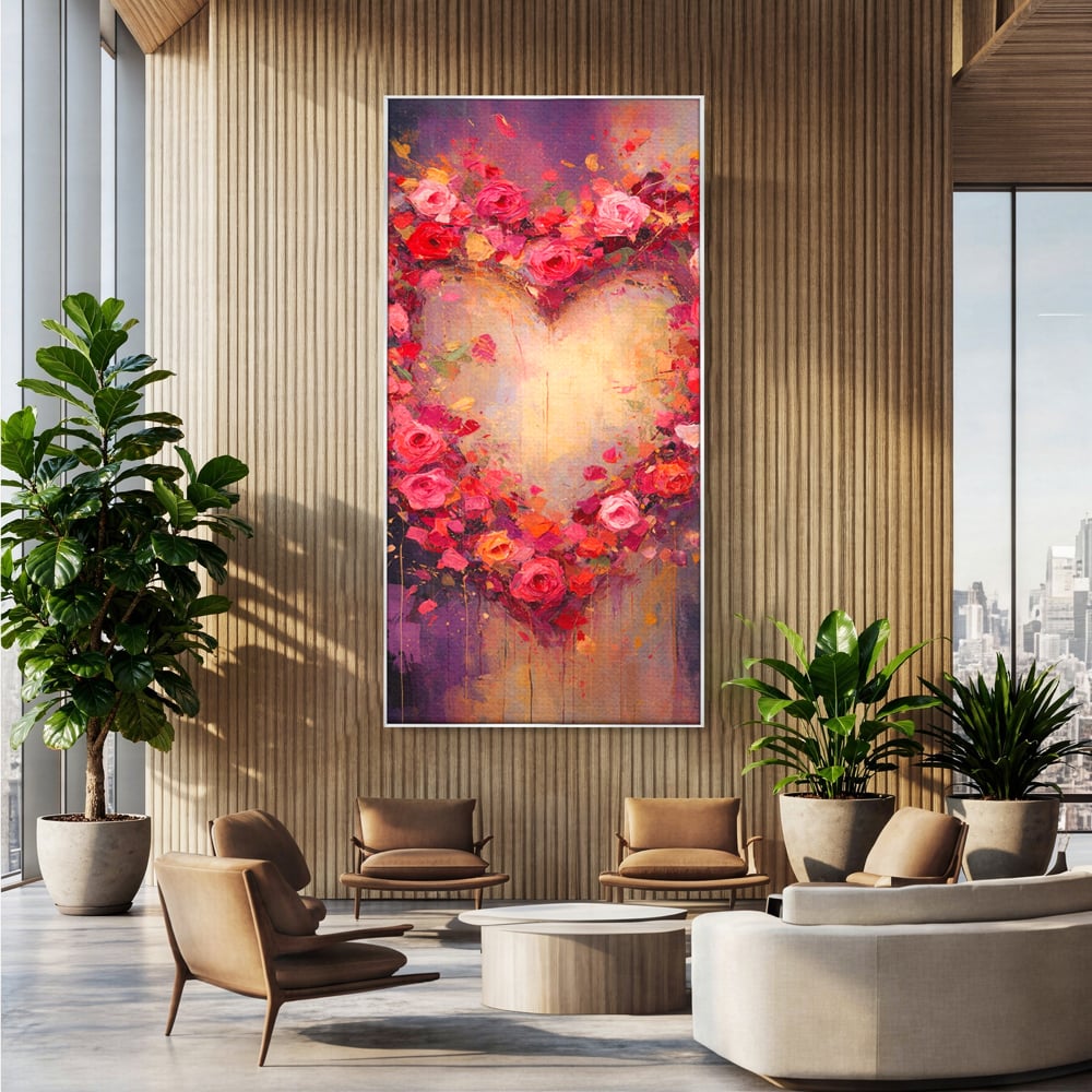 Tablou canvas cu tablou canvas cu inima din trandafiri, in rama de aluminiu argintiu, pe perete intr-un birou